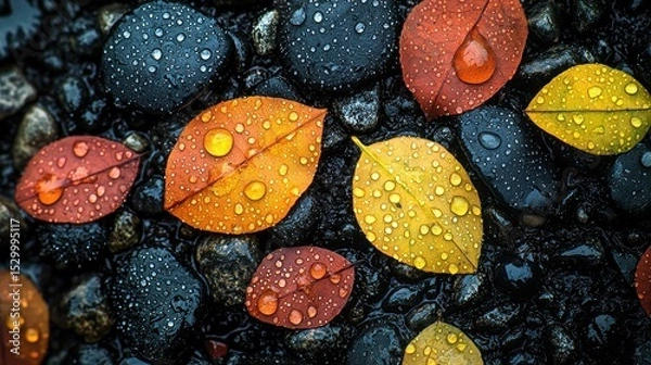 Fototapeta Wet leaves on dark rocks; fall colors
