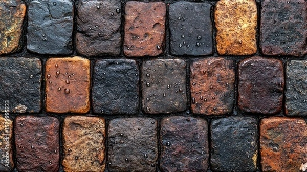 Fototapeta Wet, colorful cobblestone pavement texture
