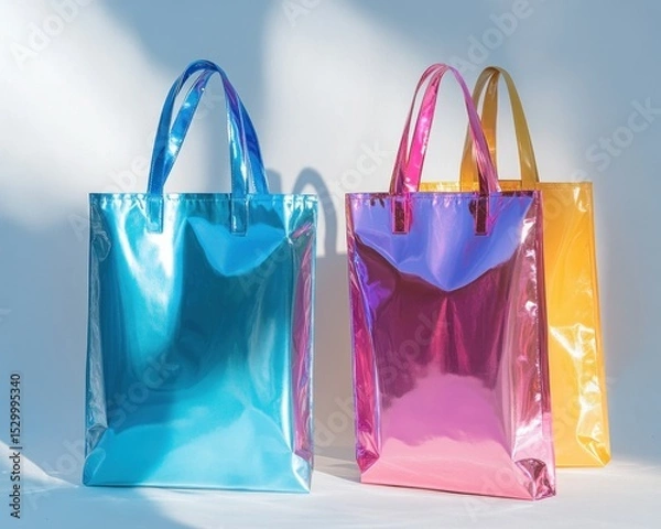 Obraz Three shiny tote bags in blue pink and yellow against a white background