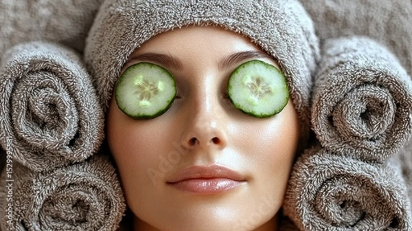 Fototapeta Woman relaxing with cucumber slices and rolled towels