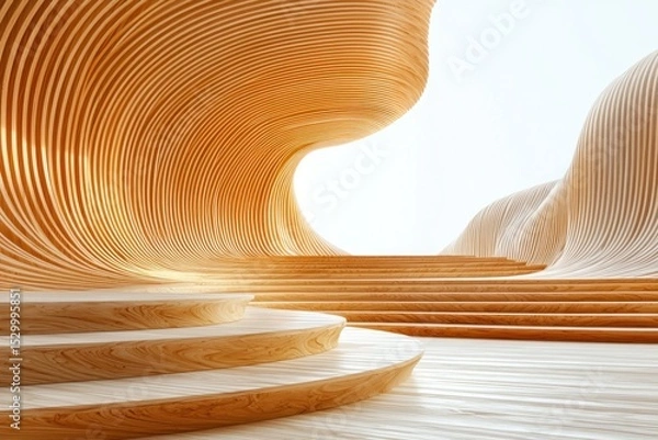 Fototapeta Wooden wave-shaped structure with steps and light