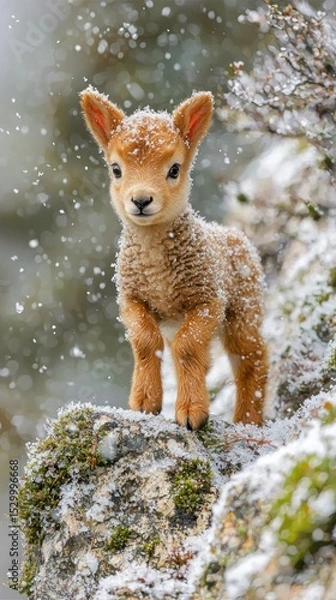 Fototapeta Young ibex stands on a snowy rock in snowfall