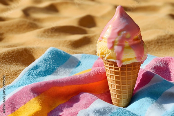 Obraz Melting Ice Cream Cone on Beach Towel - Summer Dessert
