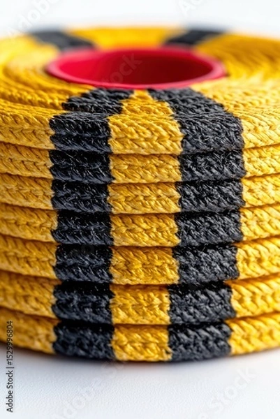 Fototapeta Yellow/black rope roll. Red core visible. Detailed weave