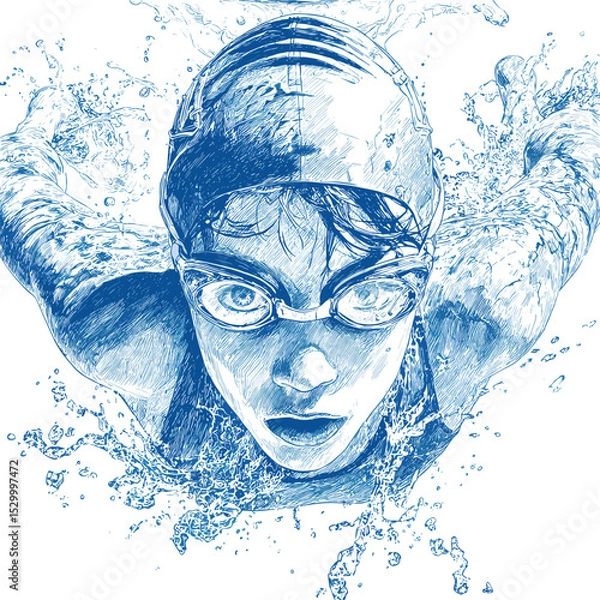 Fototapeta vector drawing of a swimmer underwater.Generative AI