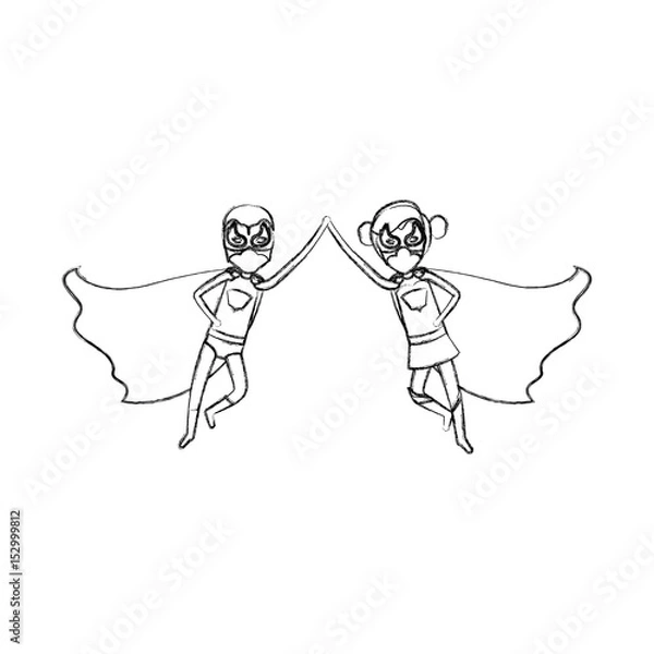 Fototapeta monochrome blurred contour faceless of duo of superheroes flying united of the hands and her with collected hair vector illustration