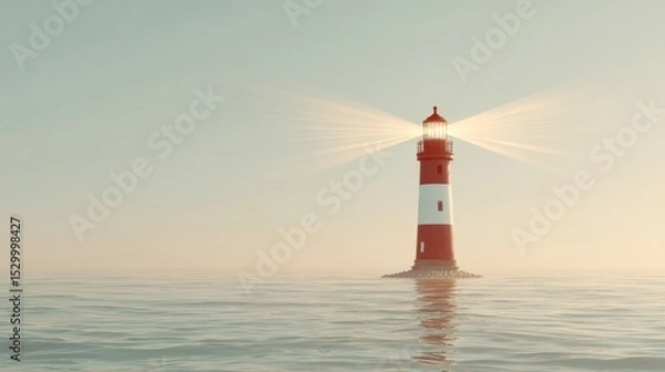 Obraz White and red lighthouse glowing over calm sea symbolizing maritime guidance and safety
