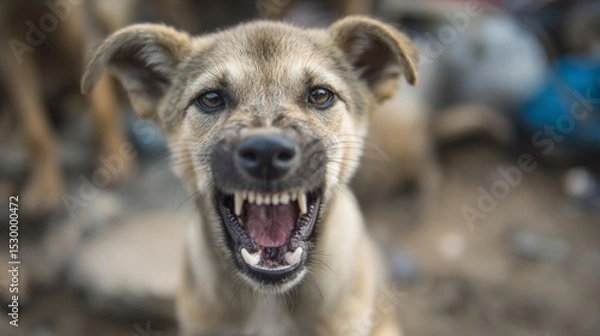 Obraz Aggressive stray dog baring teeth symbolizing rabies threat for World Rabies Day awareness