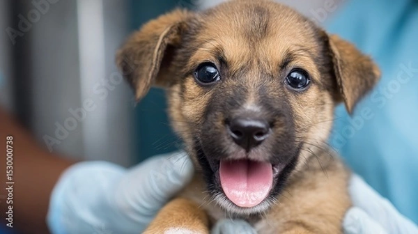 Obraz Sad puppy comforted by human hand promoting compassion and protection on World Rabies Day