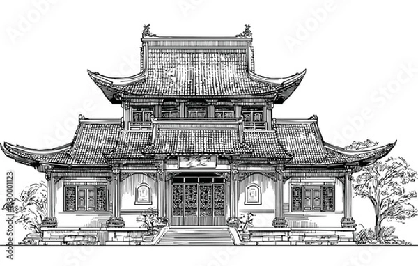 Fototapeta vector drawing chinese japanese house temple .Generative AI