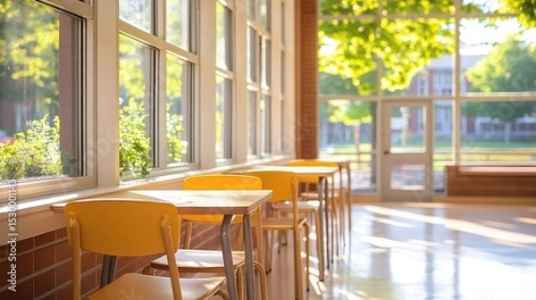 Fototapeta Sunlit school hallway with yellow tables and chairs.  Bright, spacious, and inviting