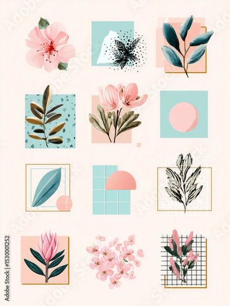 Fototapeta Floral and Geometric Elements Design Set, Handbook style 