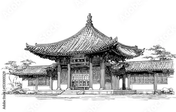 Fototapeta vector drawing chinese japanese house temple .Generative AI