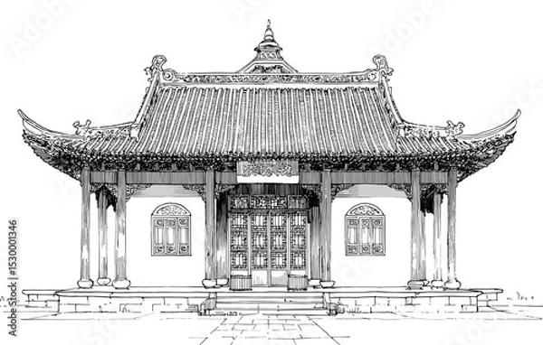 Fototapeta vector drawing chinese japanese house temple .Generative AI