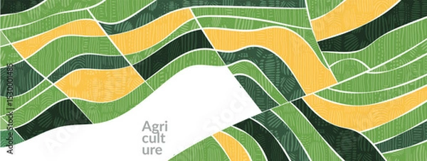 Fototapeta Field with abstract pattern on farm featuring rice, wheat. Green top view of corn, vineyard, agro patchwork landscape. Graphic banner with grain, aerial nature, tea plantation, farmland panorama