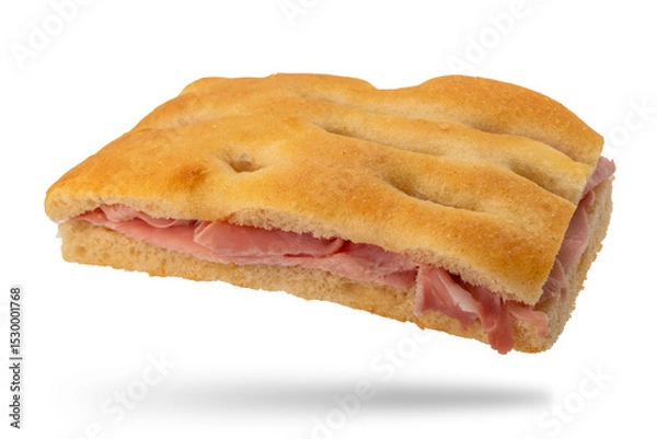 Obraz Genoese focaccia stuffed with ham, sandwich made from slices of Italian flat bread with prosciutto isolated on white with clipping path included