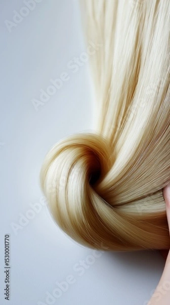 Fototapeta Close-up of silky blonde hair styled in a smooth twist, showcasing the shine and texture against a soft, neutral background, highlighting beauty and elegance