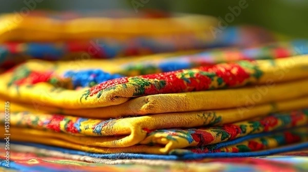 Fototapeta Colorful embroidered fabric stacked neatly, showcasing intricate floral patterns and vibrant hues, creating a warm and inviting atmosphere for textile enthusiasts and designers