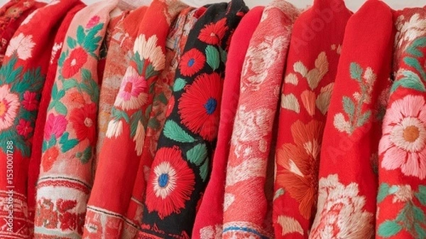 Fototapeta Colorful collection of intricately embroidered textiles in vibrant red hues, showcasing floral patterns and craftsmanship, perfect for fashion or home decor inspiration
