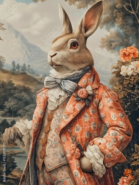 Fototapeta Elegant anthropomorphic rabbit dressed in vintage attire, adorned with floral patterns and accessories, stands confidently in a picturesque landscape, showcasing whimsical charm and artistry