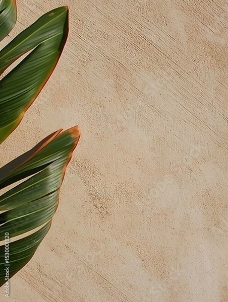 Fototapeta Green tropical leaves partially frame a textured beige wall, creating a serene and natural atmosphere, ideal for backgrounds and design projects with copy space