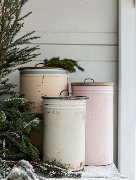 Fototapeta Vintage storage containers in pastel colors, arranged with greenery, create a charming rustic scene, enhancing the cozy atmosphere of a winter setting with natural elements