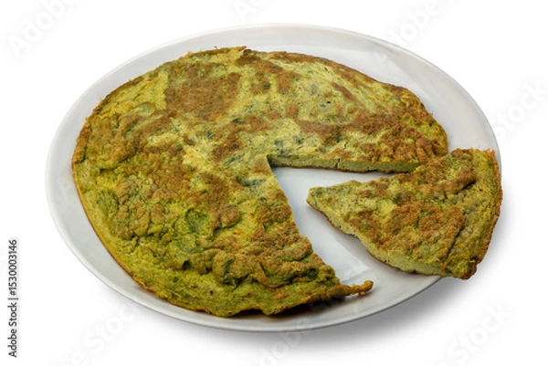 Obraz Green omelet made with eggs and wild and aromatic herbs isolated on white with clipping path included