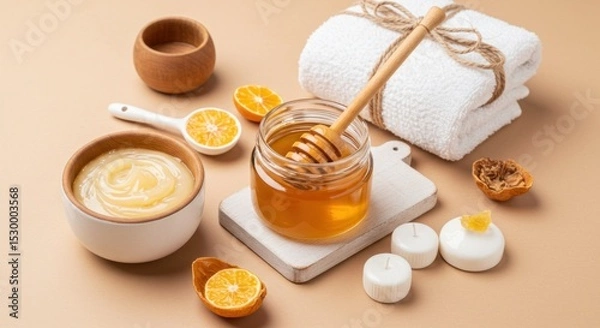 Obraz Honey-based spa treatment ingredients.  Natural, organic, and soothing elements for a wellness experience