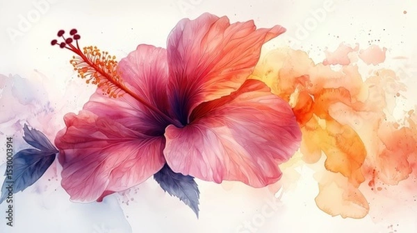 Fototapeta A vivid hot pink and tangerine hibiscus flower in a beautiful watercolor style, with artistic splashes of color extending from its delicate petals, set against a clean white background.