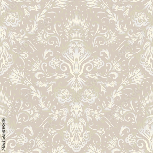 Fototapeta Damask style grey pattern, textured beige background. Seamless floral pattern-744.