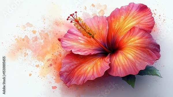 Fototapeta A vibrant, glowing hibiscus flower with petals in hot pink and tangerine hues, featuring delicate watercolor splash effects, set against a clean white background, highlighting its tropical beauty.