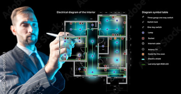 Obraz Engineer in suit analyzes smart home electrical diagram using digital pen, modern lighting and socket layout shown on transparent interface — Electrical engineering, smart home.