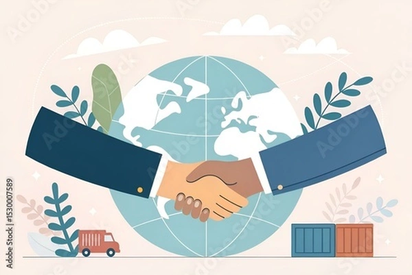 Obraz Uścisk dłoni na tle globu jako symbol współpracy międzynarodowej, partnerstwa i globalnego handlu