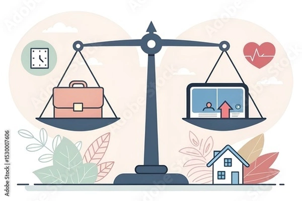 Obraz Waga symbolizująca równowagę między życiem zawodowym a prywatnym – work-life balance, zdrowie i dom