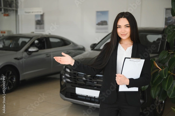 Obraz Saleswoman showing new car in dealership holding clipboard