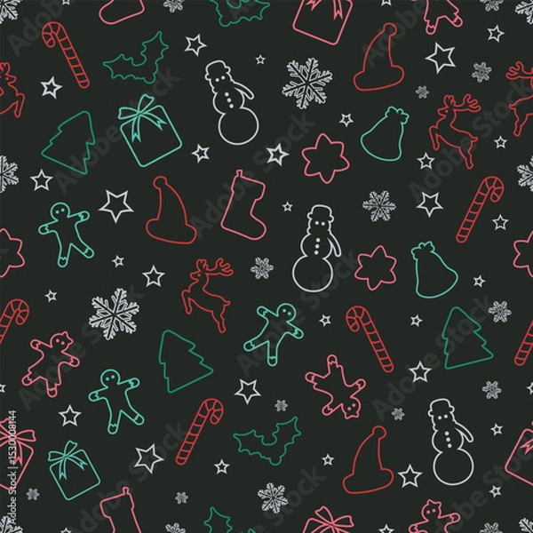 Fototapeta Christmas Outline Seamless Pattern. Christmas and New year Holiday Repeatable Pattern. Decorative Elements Texture for Wallpaper, Gift Wrapping paper, Card or Banner Template or Fabric Textile Prints.