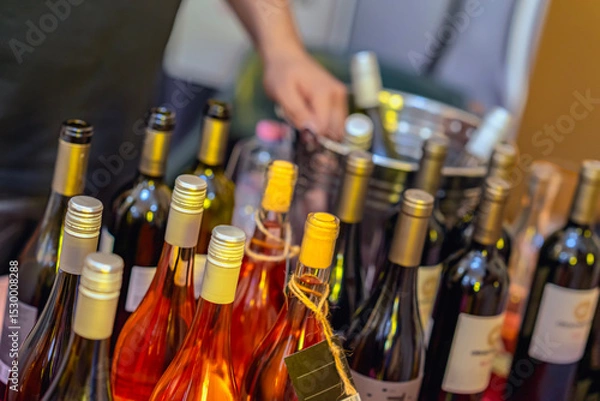 Fototapeta Closeup of assorted wine bottles with man sommelier in background arranging drinks on event table. Concept of wine tasting, celebration and sommelier service at festival
