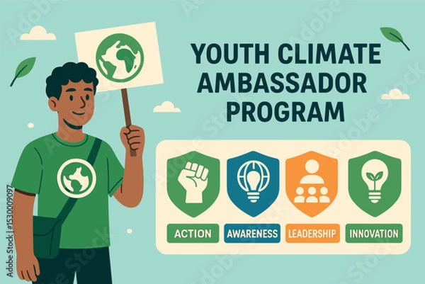 Obraz Youth Climate Ambassadors. Vector illustration of youth climate ambassador program with badges for action, awareness, leadership,