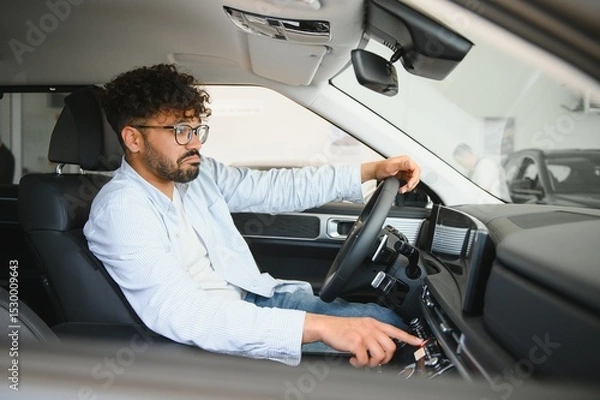 Fototapeta Arab Customer testing new car features in dealership showroom