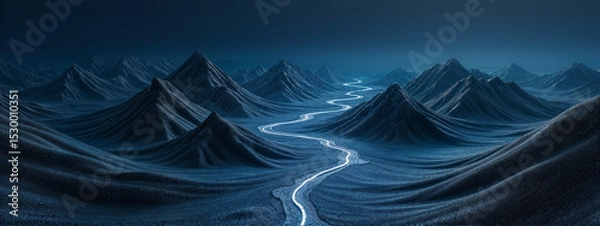 Fototapeta Glowing paths wind through dark, wavy mountains in a moody, hyperreal landscape of deep blues and blacks