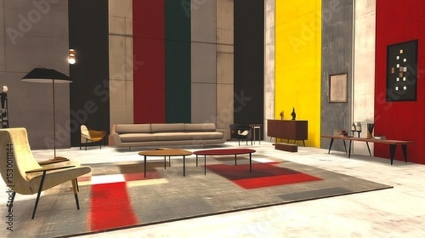 Obraz Eclectic living room combining vintage pieces with sleek modern decor, featuring a bold accent wall, plush seating, and artistic touches