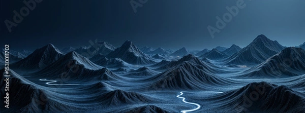 Fototapeta Glowing paths wind through dark, wavy mountains in a moody, hyperreal landscape of deep blues and blacks
