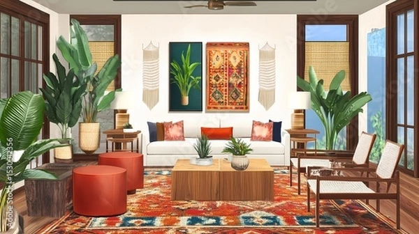 Obraz Eclectic living room with a mix of mid-century modern furniture and bohemian accents, vibrant textiles, warm wood tones, and plants