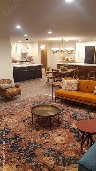 Obraz Eclectic living room with a mix of vintage mid-century furniture and modern minimalist elements, bold colors, and layered textures