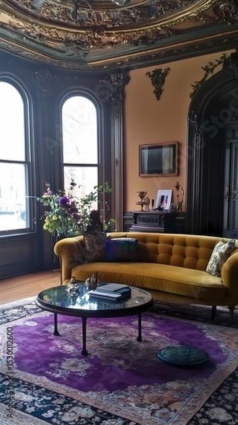 Obraz Eclectic living room with a mix of vintage mid-century furniture and modern minimalist elements, bold colors, and layered textures