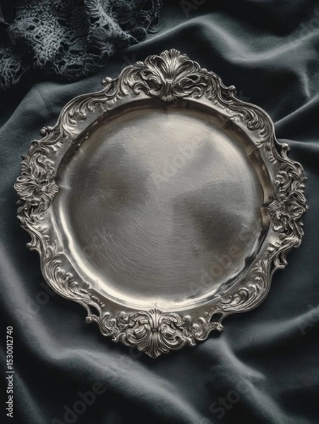 Fototapeta Ornate silver platter resting on dark fabric.