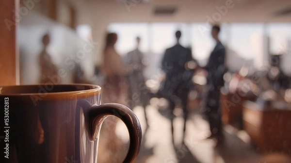 Fototapeta A steaming cup of coffee sits in focus as blurred figures in formal attire discuss nearby. The warm sunlight floods the space, creating a lively atmosphere