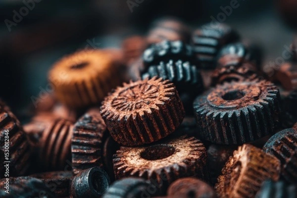 Fototapeta Close-up view of many rusty gears.