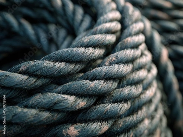 Fototapeta Close-up view of twisted dark gray ropes.