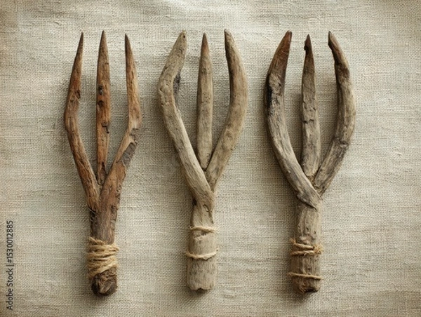 Fototapeta Three rustic wooden tines arranged in a triangular pattern.